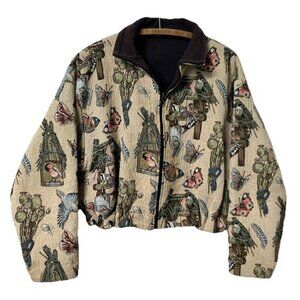 Vintage Handmade Butterfly Garden Tapestry Jacket Womens Cropped Fleece Granny